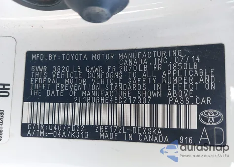 2014 Toyota Corolla S Plus z USA, uszkodzony, nr VIN 2T1BURHE4EC217307